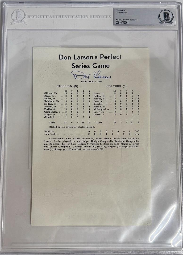 Don Larsen signed encapsulated box score World Series perfect game - Beckett COA